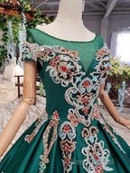 Luxury Green Round Neck Short Sleeves Formal Prom Dresses with Beading