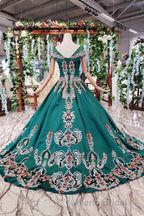 Luxury Green Round Neck Short Sleeves Formal Prom Dresses with Beading