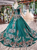 Luxury Green Round Neck Short Sleeves Formal Prom Dresses with Beading