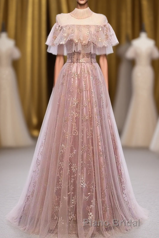 Elegant High Neck Vintage Long Lace Up Formal Prom Dresses Flowy Party Gowns Main image