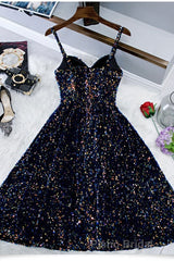 Glitter Spaghetti Straps Cute Short Formal Prom Dresses Tight Tea Length Homecoming Dresses