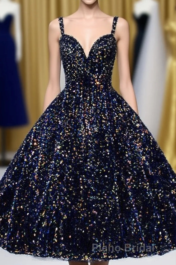 Glitter Spaghetti Straps Cute Short Formal Prom Dresses Tight Tea Length Homecoming Dresses Main image