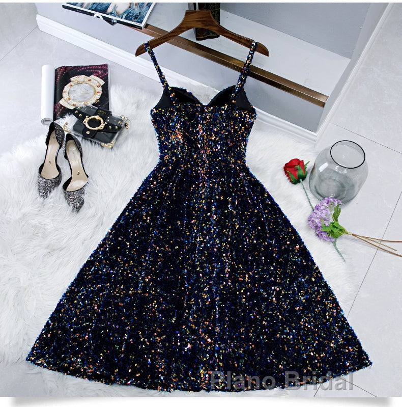 Glitter Spaghetti Straps Cute Short Formal Prom Dresses Tight Tea Length Homecoming Dresses