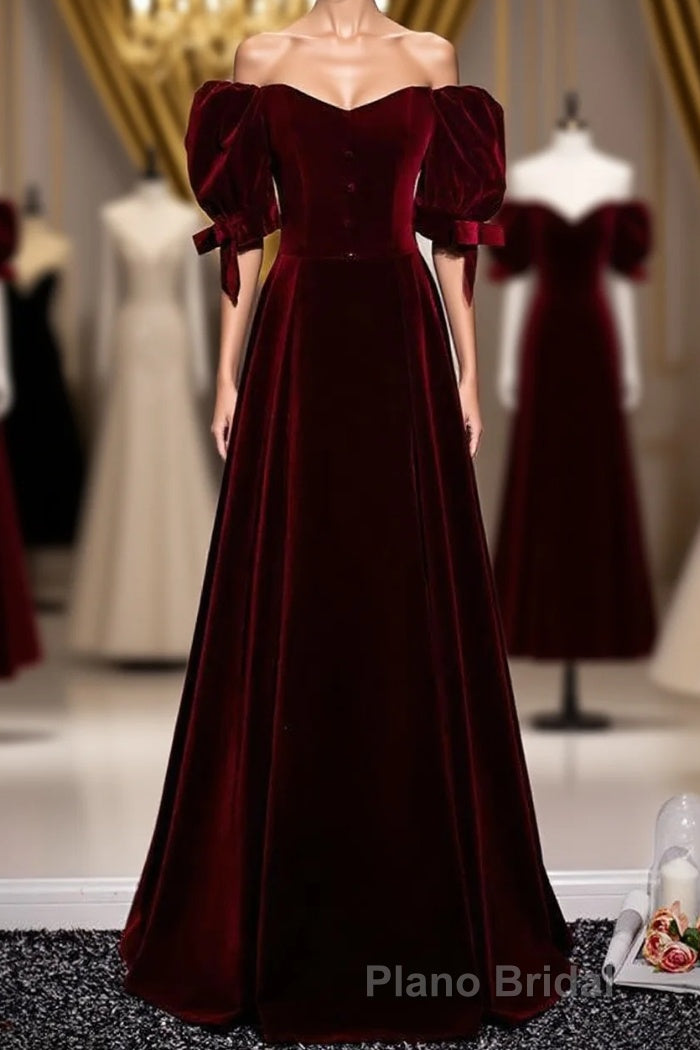 Modest Charming Burgundy Long Formal Prom Dresses Vintage Evening Dresses With Bowknot Main image