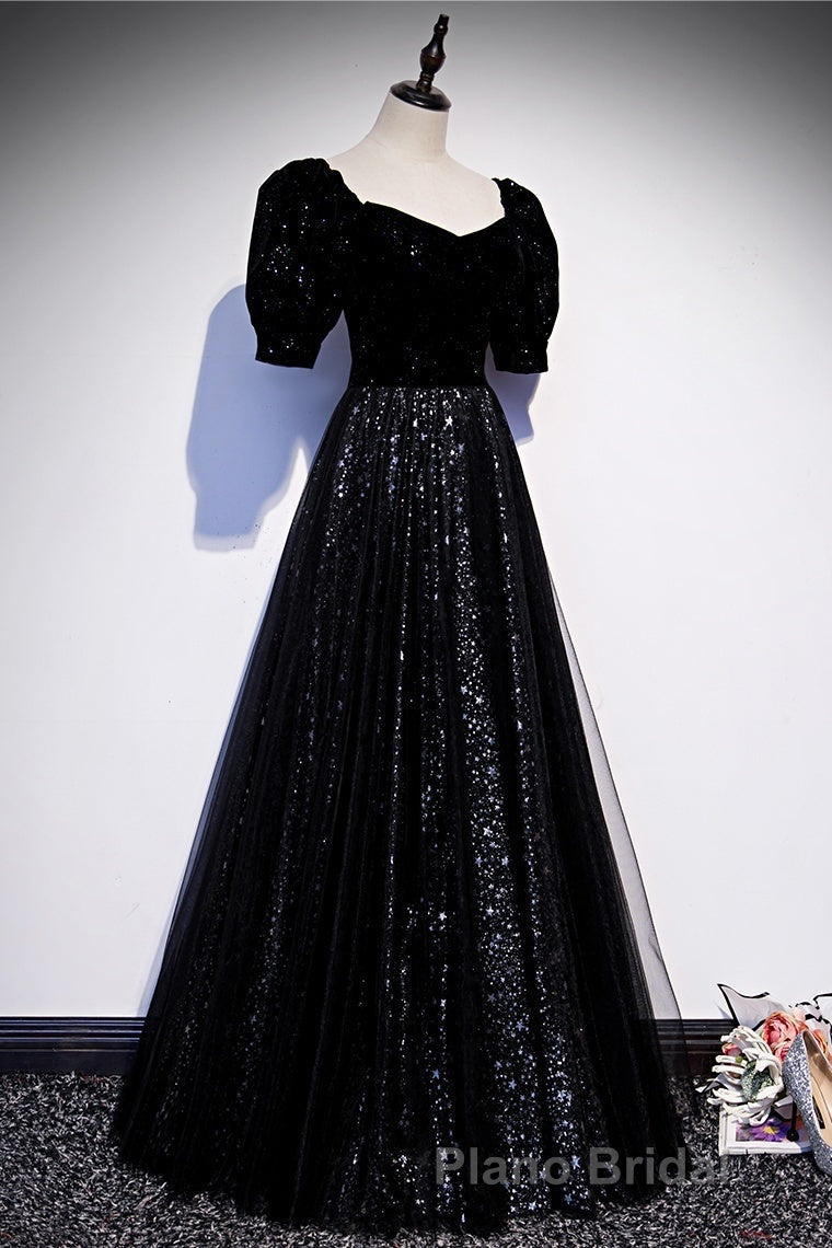 Modest Sparkly Black Long A-line Formal Prom Dresses With Sleeves Evening Gowns