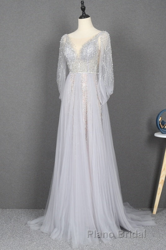 Amazing Long Gray Beading Formal Prom Dresses Modest Evening Gowns Secondary image