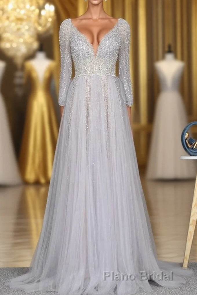 Amazing Long Gray Beading Formal Prom Dresses Modest Evening Gowns