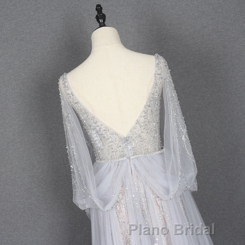 Amazing Long Gray Beading Formal Prom Dresses Modest Evening Gowns