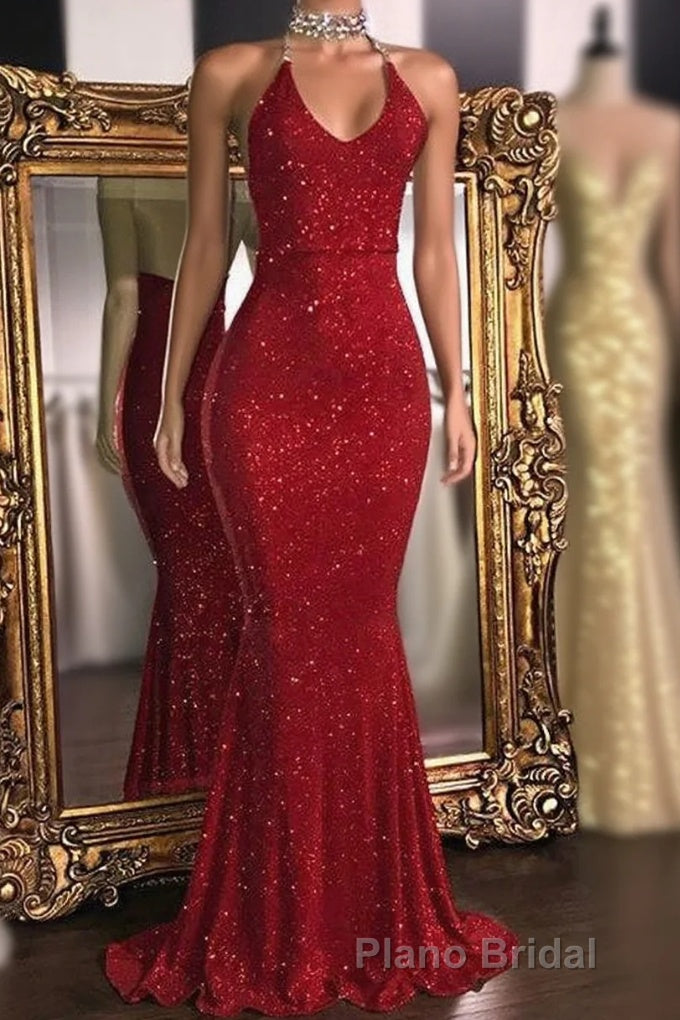 Glitter Halter Sheath Backless Long Formal Prom Dresses Fashion Dresses Main image
