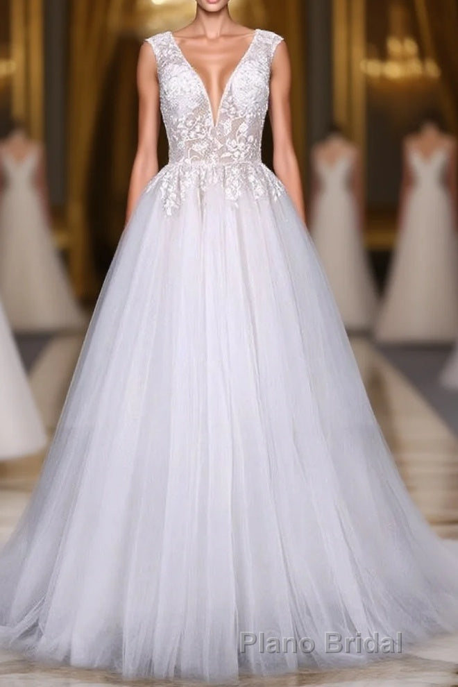 Flowy A-line Long V-neck Lace Tulle Beach Wedding Dresses Bridal Gowns