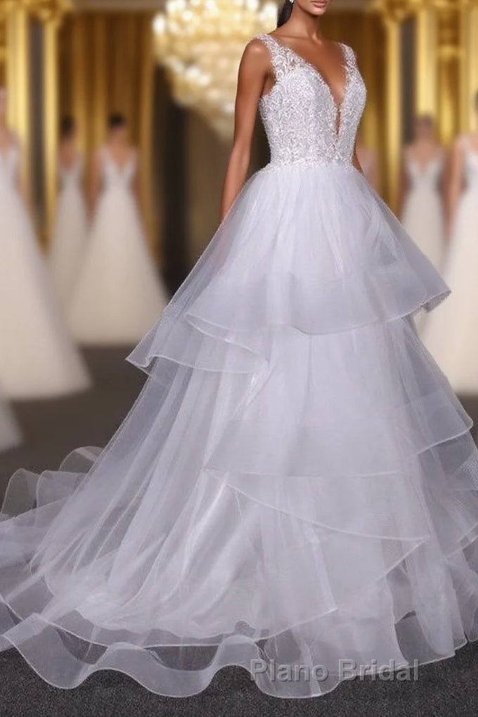 Charming V-neck Lace Wedding Dresses Elegant Backless Wedding Gowns Main image