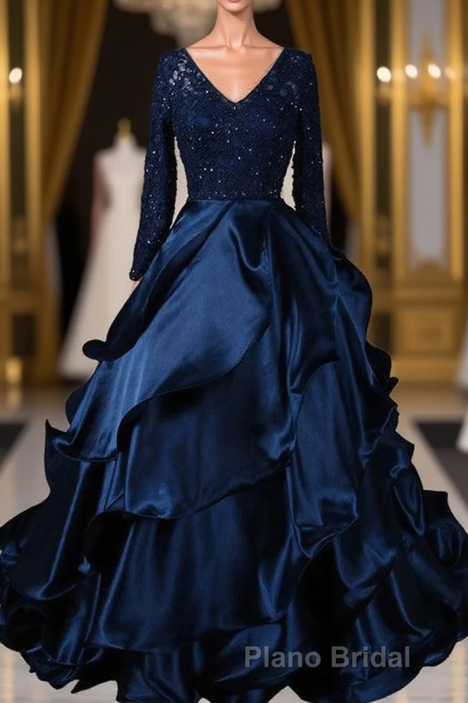 Formal V-neck Beading Lace Satin Backless Ball Gown Formal Prom Dresses With Sleeves Main image