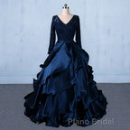 Formal V-neck Beading Lace Satin Backless Ball Gown Formal Prom Dresses With Sleeves