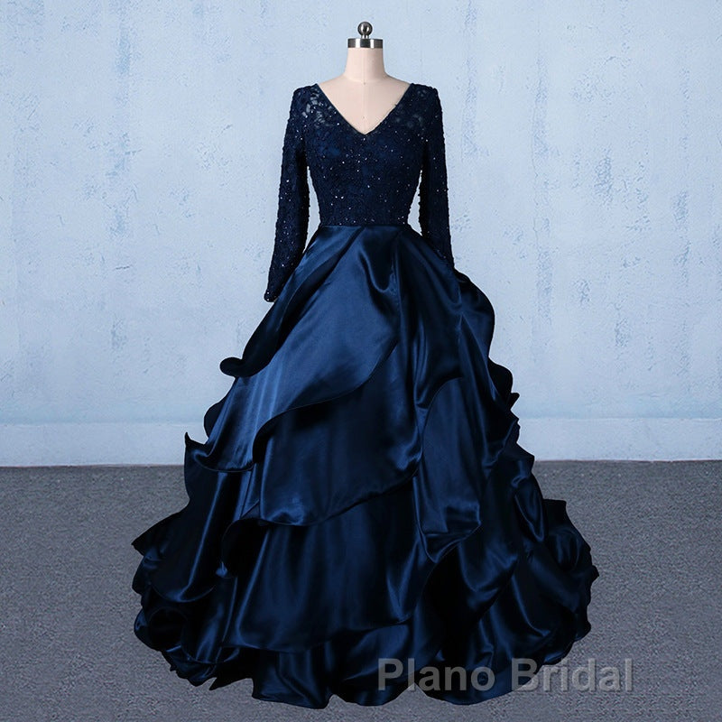 Formal V-neck Beading Lace Satin Backless Ball Gown Formal Prom Dresses With Sleeves
