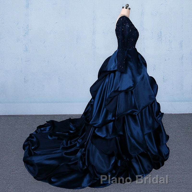 Formal V-neck Beading Lace Satin Backless Ball Gown Formal Prom Dresses With Sleeves