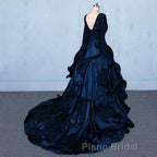 Formal V-neck Beading Lace Satin Backless Ball Gown Formal Prom Dresses With Sleeves