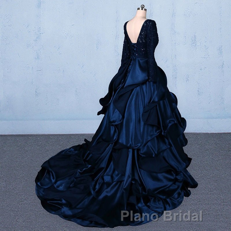 Formal V-neck Beading Lace Satin Backless Ball Gown Formal Prom Dresses With Sleeves