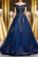 Off The Shoulder Lace Up Floor Length Princess Formal Prom Dresses With Lace Appliques