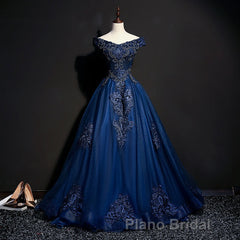Off The Shoulder Lace Up Floor Length Princess Formal Prom Dresses With Lace Appliques