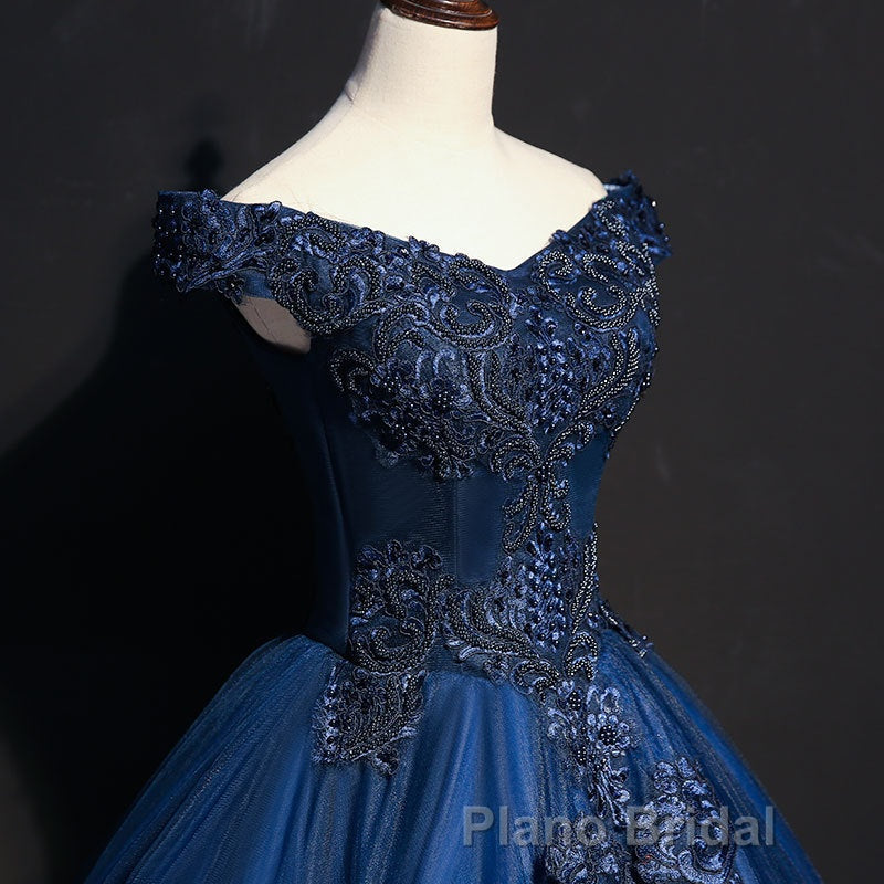 Off The Shoulder Lace Up Floor Length Princess Formal Prom Dresses With Lace Appliques