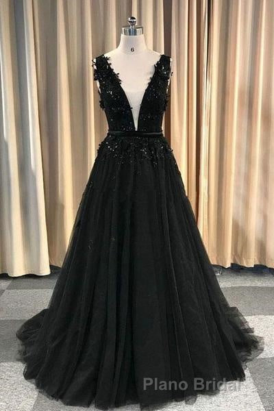 Formal Deep V-neck Long Black Party Formal Prom Dresses With Lace Appliques Secondary image