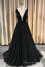 Formal Deep V-neck Long Black Party Formal Prom Dresses With Lace Appliques