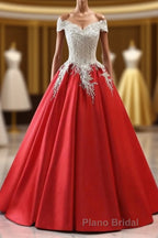 Modest Red Cap Sleeves Ball Gowns Lace Satin Formal Prom Dresses Evening Dresses