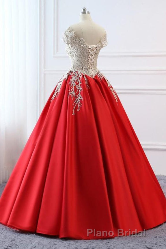 Modest Red Cap Sleeves Ball Gowns Lace Satin Formal Prom Dresses Evening Dresses Secondary image