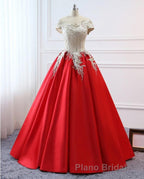 Modest Red Cap Sleeves Ball Gowns Lace Satin Formal Prom Dresses Evening Dresses