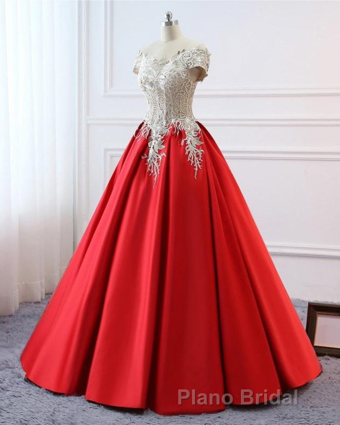 Modest Red Cap Sleeves Ball Gowns Lace Satin Formal Prom Dresses Evening Dresses