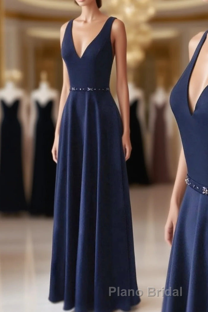 Navy Blue V-neck Floor Length Simple Cute Long Formal Prom Dresses Main image