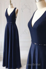 Navy Blue V-neck Floor Length Simple Cute Long Formal Prom Dresses