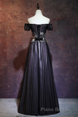 Beauty Off The Shoulder Floor Length Lace Up Long Black Formal Prom Dresses With Appliques