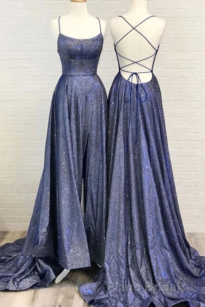 Beautiful Spaghetti Straps Backless Long Blue Party Formal Prom Dresses