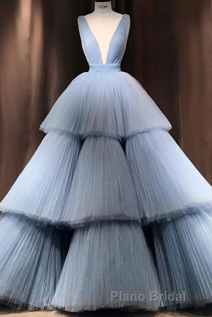 Modest Ball Gown Long V-neck Light Blue Princess Formal Prom Dresses Quinceanera Dresses