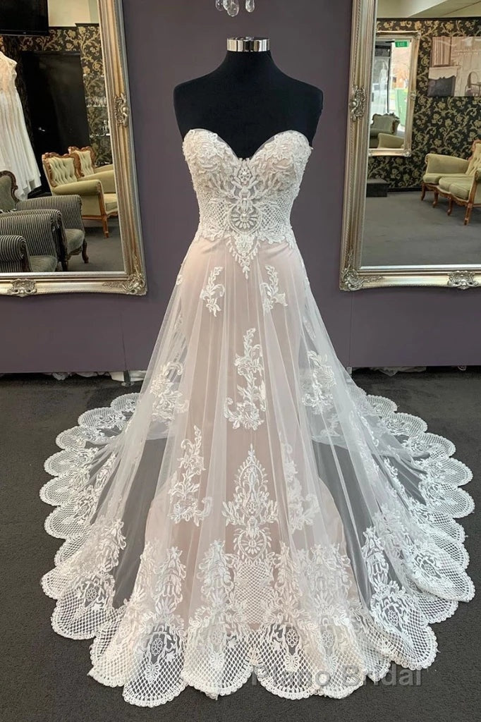 Modest Sweetheart Lace Long Wedding Dresses Beach Wedding Dresses