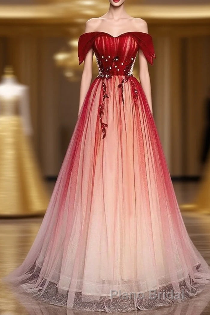 Burgundy Off The Shoulder Tulle Long Lace Up Formal Prom Dresses Party Dresses Main image