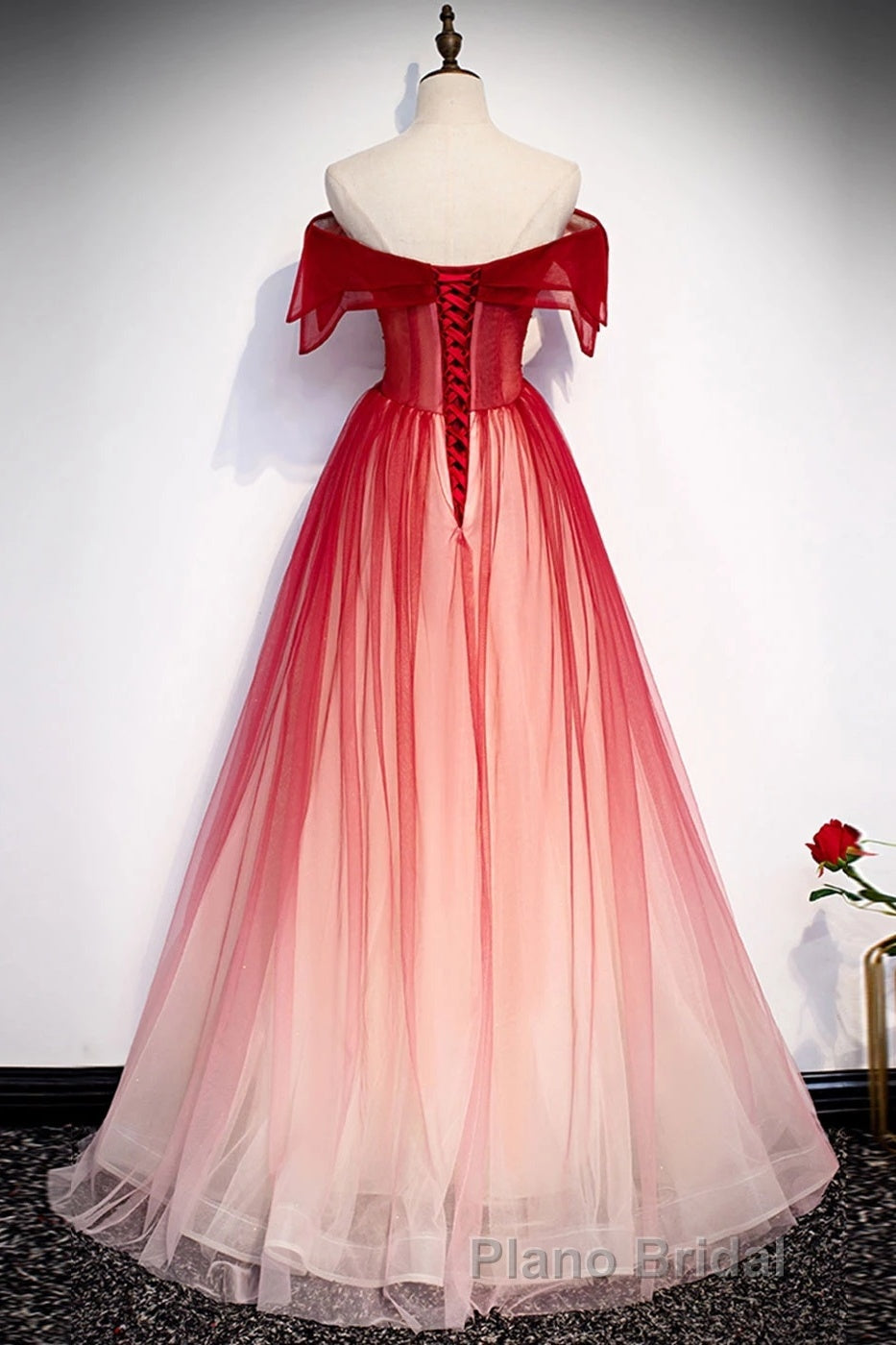 Burgundy Off The Shoulder Tulle Long Lace Up Formal Prom Dresses Party Dresses Secondary image