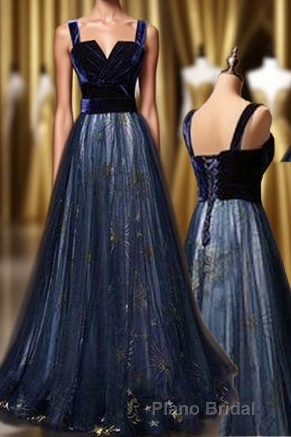 Elegant Long Lace Up Velvet Tulle Formal Prom Dresses Modest Party Gowns