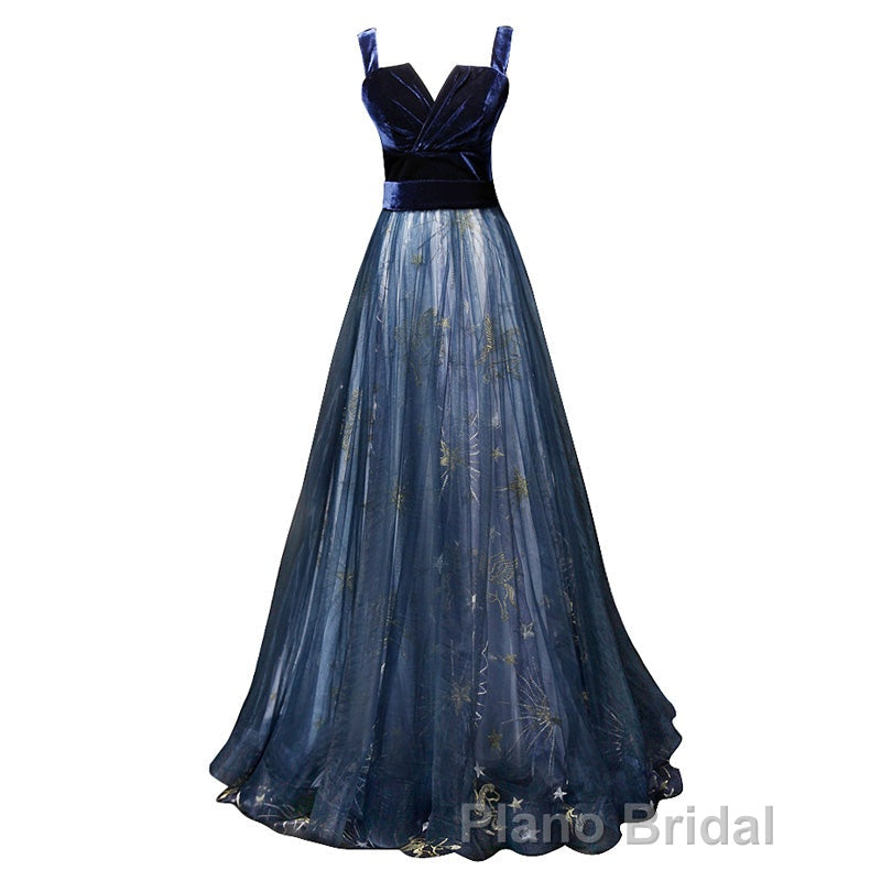 Elegant Long Lace Up Velvet Tulle Formal Prom Dresses Modest Party Gowns