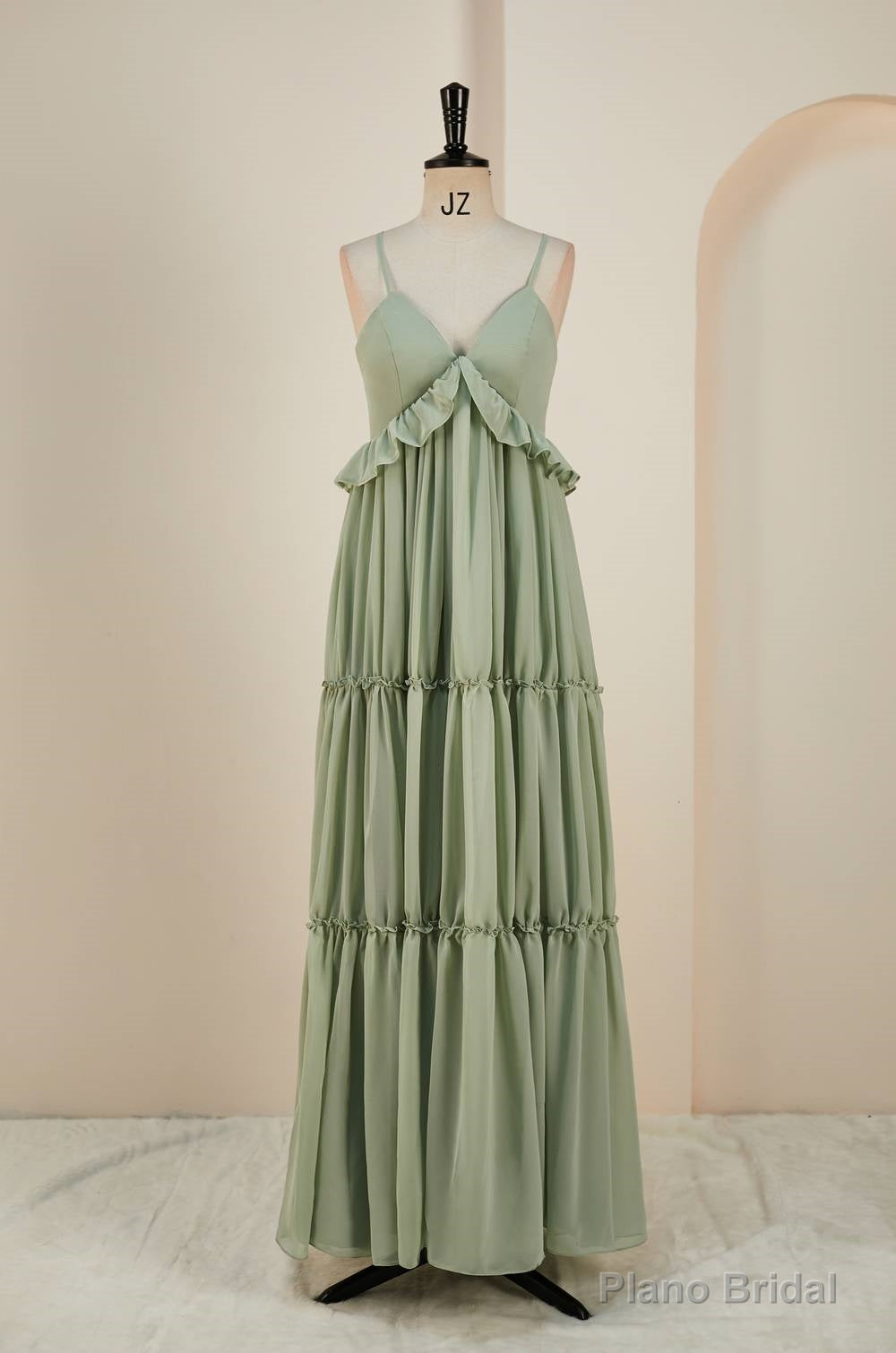 Sage Lace-Up Deep V Neck Ruffled Empire Long Prom Dress Main image