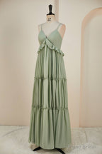 Sage Lace-Up Deep V Neck Ruffled Empire Long Prom Dress