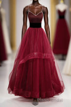 Wine Red Straps Beaded Sweetheart Tulle Prom Dresses, Wine Red A-Line Formal Prom Dresses
