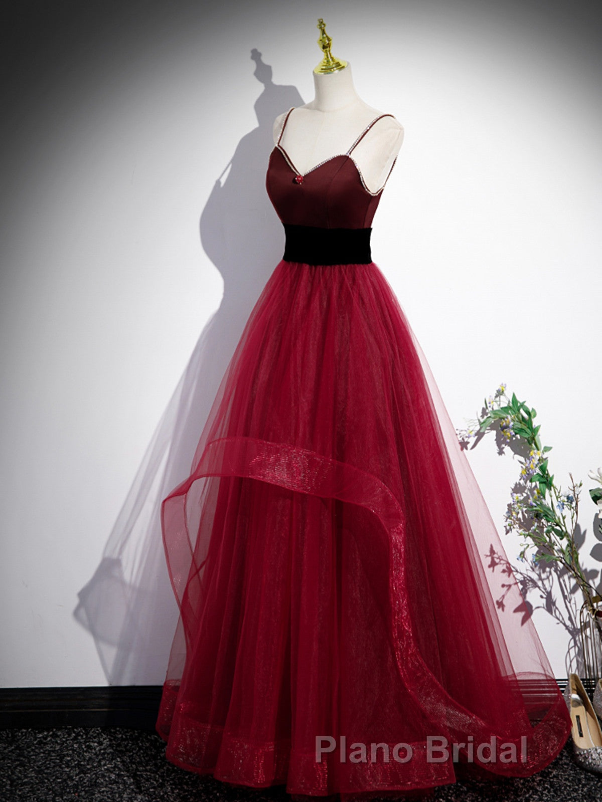 Wine Red Straps Beaded Sweetheart Tulle Prom Dresses, Wine Red A-Line Formal Prom Dresses Secondary image
