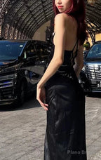 Vintage Prom Dresses 90S, Black Split Spaghetti Strap Prom Dress Long With Slit