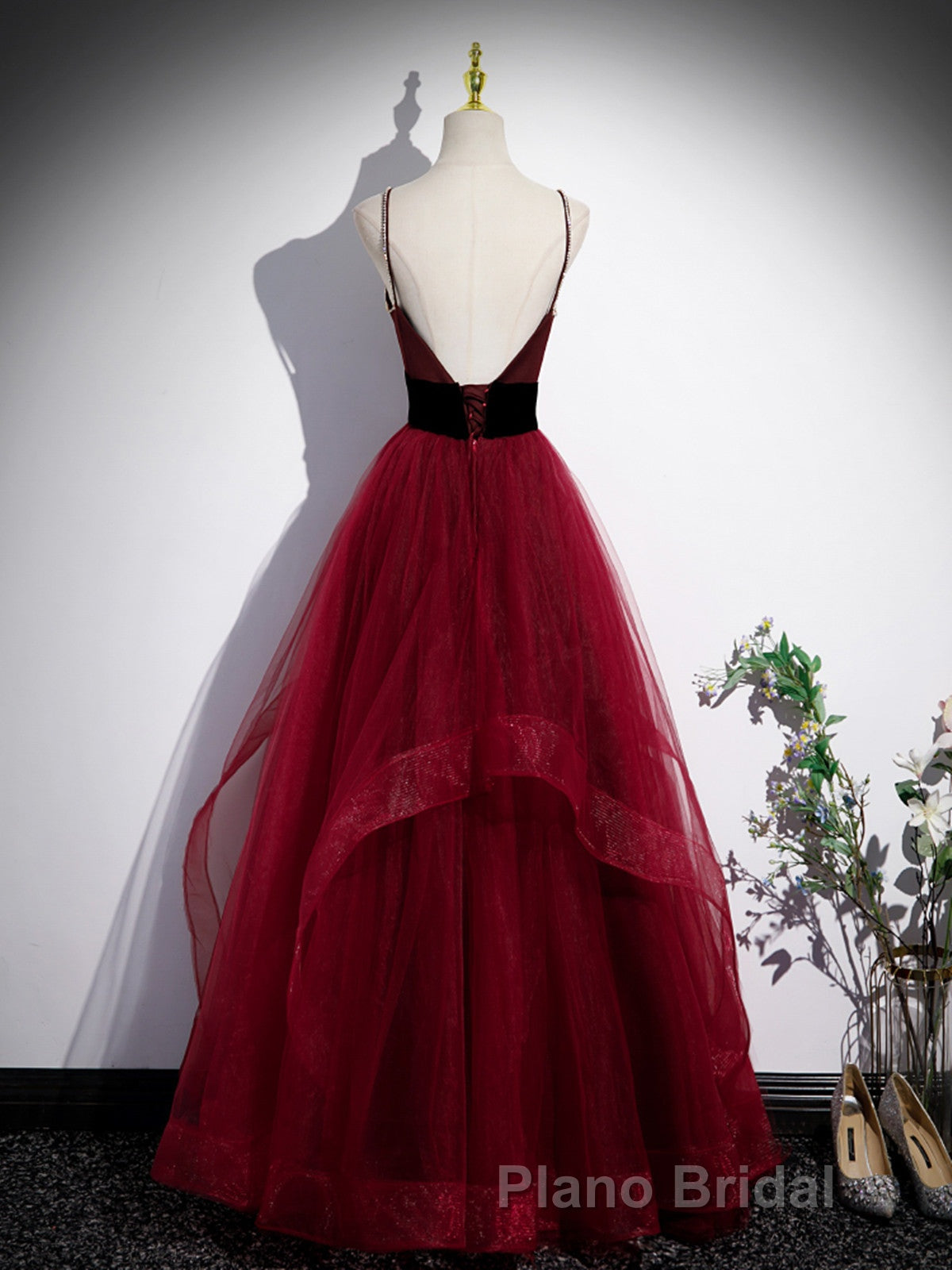 Wine Red Straps Beaded Sweetheart Tulle Prom Dresses, Wine Red A-Line Formal Prom Dresses