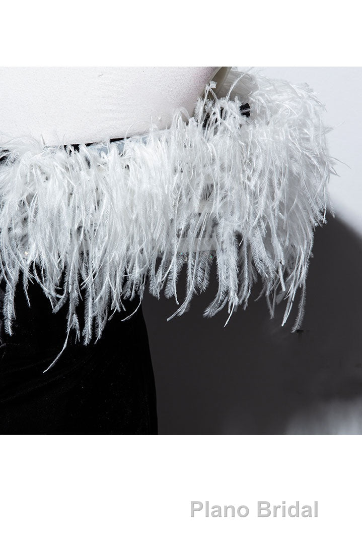 Black Velvet Mermaid Formal Prom Dresses with Feather, Off the Shoulder Long Evening Gown