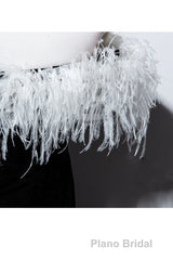 Black Velvet Mermaid Formal Prom Dresses with Feather, Off the Shoulder Long Evening Gown