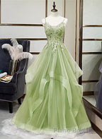 A-Line Tulle With Lace Applique Straps Long Party Dresses, Green Tulle Formal Prom Dresses