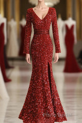 Wine Red Long Sleeves Mermaid Long Prom Dresses, Wine Red Formal Prom Dresses